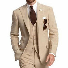 Load image into Gallery viewer, Beige Three Piece Business Party Best Men Suits Peaked Lapel Two Button Custom Made Wedding Groom Tuxedos 2019 Jacket Pants Vest